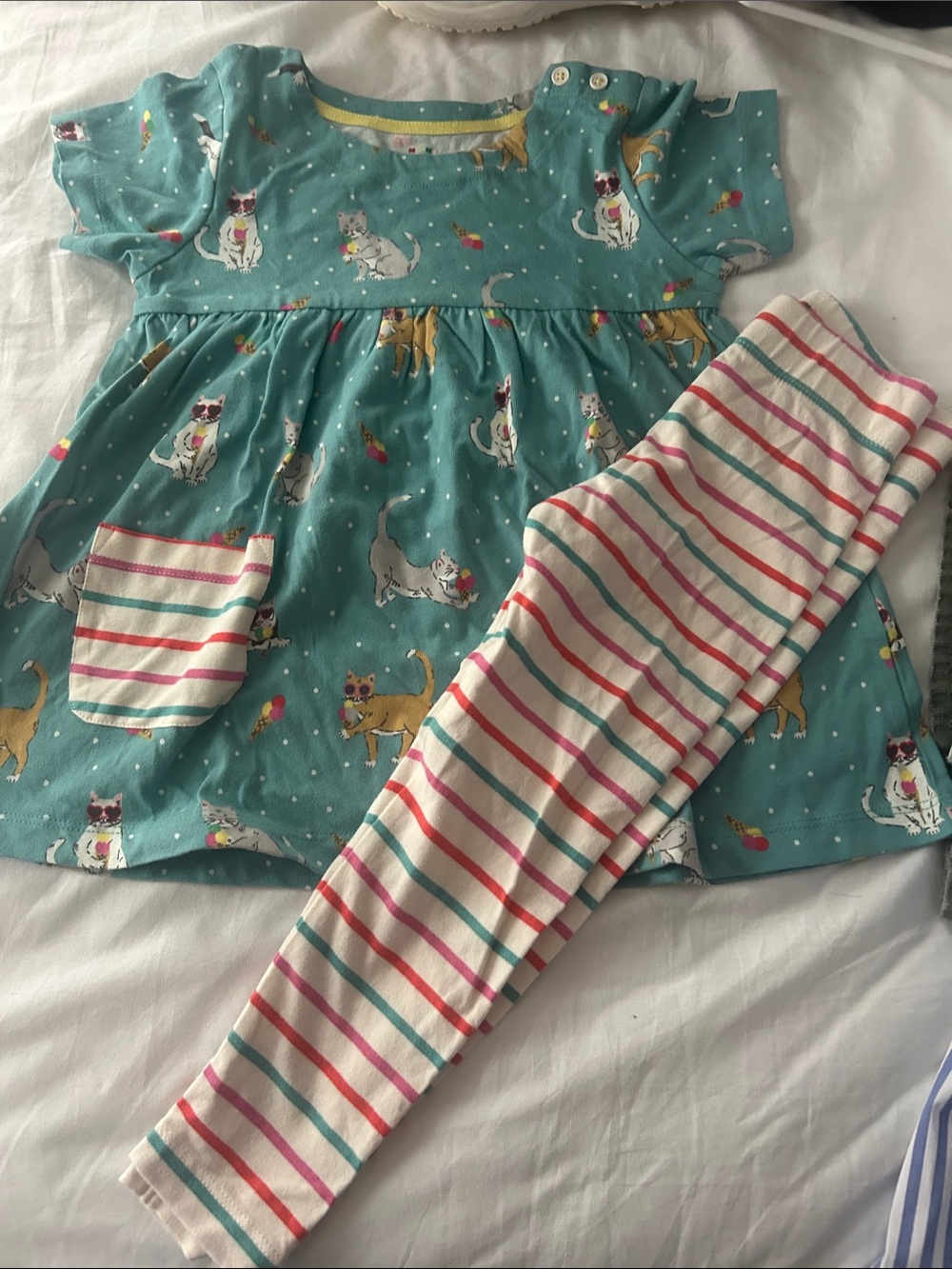 Mini Boden Teal Cat-Print Pajama Set with Cream Multi-Striped Leggings